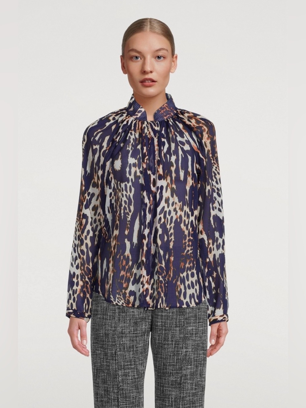 SMYTHE Animal-Print Gathered Semi Sheer Blouse -S